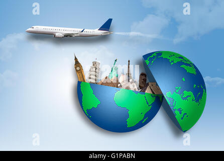 Concept of travel around the world with representation of the globe and monuments within Stock Photo