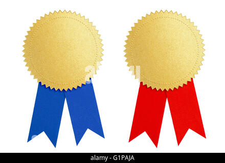 winner gold seal medal award with blue and red ribbon Stock Photo