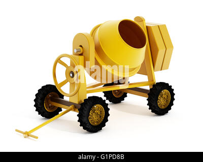 Yellow concrete mixer isolated on white background. 3D illustration. Stock Photo