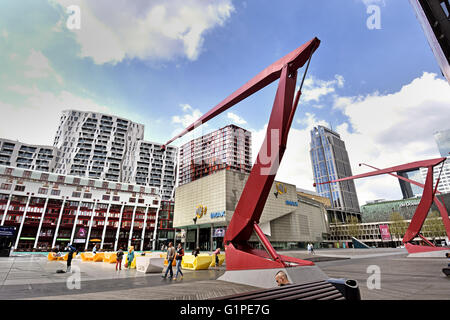 iMax Pathe Cinema Theater Square ( Schouwburgplein) situated in the heart of the city of Rotterdam, and is flanked by the municipal theater, concert hall, restaurants, and cafes. Stock Photo