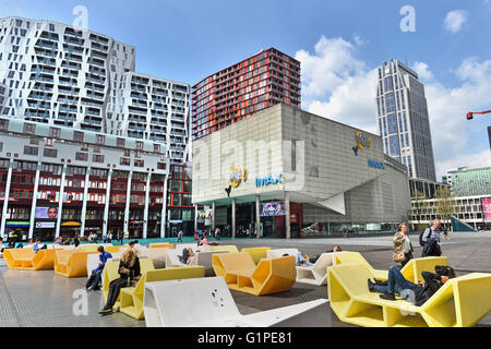 iMax Pathe Cinema Theater Square ( Schouwburgplein) situated in the heart of the city of Rotterdam, and is flanked by the municipal theater, concert hall, restaurants, and cafes. Stock Photo