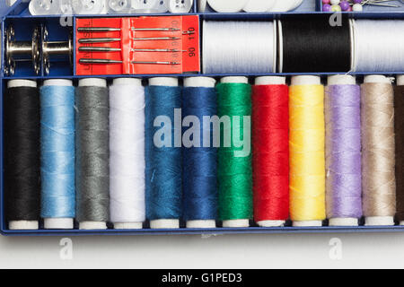Set of tools with scissors, needle, thread spools for home made embroidery, needlework and tailoring, isolated on white backgrou Stock Photo