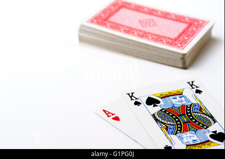 Ace King and stack of playing cards. Stock Photo