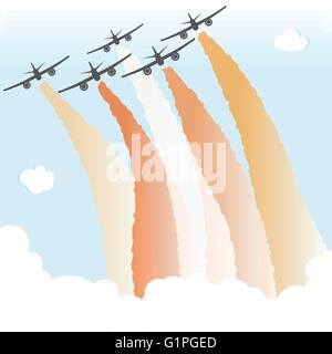 Smoke Color Sky Plane Parade Group Airplane Fly Peace Joy Vector Illustration Stock Vector