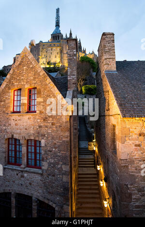 Deserted alley in Mont Saint Michel at dusk after crowds have left, Normandy, France Stock Photo