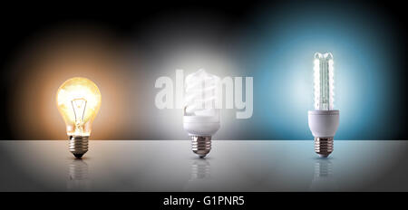 Comparison between various types of light bulb on black background. Horizontal composition. Front view Stock Photo