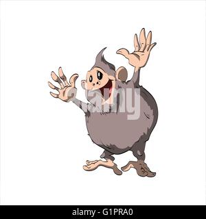 Vector illustration of a happy, fat, cartoon monkey, cheering with hands in the air Stock Vector
