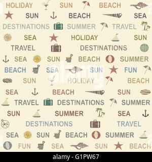 Seamless pattern with summer and sea related symbols and words Stock Vector