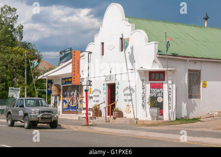 UNIONDALE, SOUTH AFRICA - MARCH 5, 2016: A street scene with a restaurant and liquor store in Uniondale Stock Photo