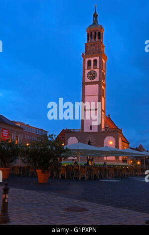 Augsburg, Rathausplatz, Town Hall Square, Perlach Tower, Romantic Road, Romantische Strasse, Swabia, Bavaria, Germany. Europe Stock Photo