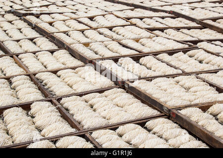 Many chinese noodles drying under the sun in wooden trays