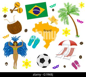 Brazil symbol, map and flag over white Stock Vector