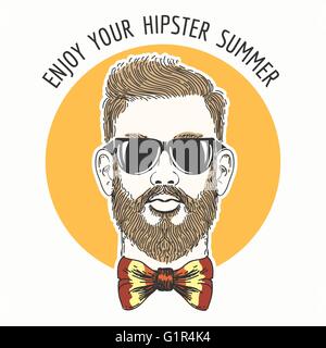 Hipster face with hair glasses, mustache and colorful bowtie against sun circle and wording Enjoy Your Hipster Summer. Stock Vector