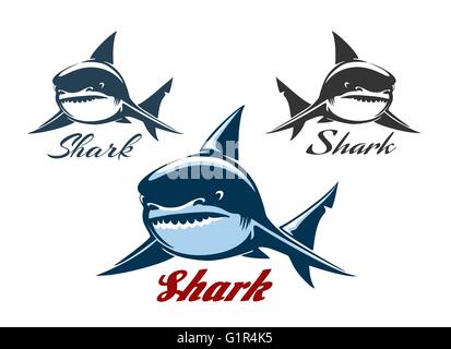Big Sharks logo set. Animal hunter emblem, company branding images with text samples. Isolated on white. Stock Vector