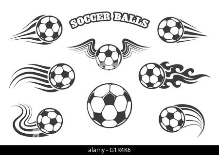 Footballs or soccer balls with wings, fire and various motion trails. Isolated on white. Stock Vector