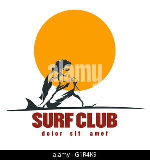 Young man on the beach with surfboard. Surf club Label or emblem. Isolated on white. Stock Vector