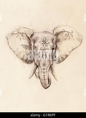 Elephant with floral ornament, pencil drawing on paper. Stock Photo