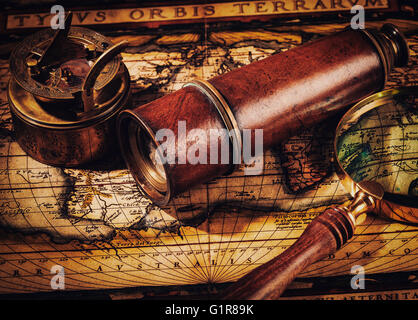 Old vintage compass on ancient map Stock Photo