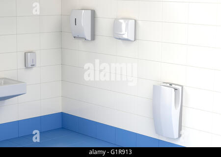 Automatic paper towel, hand dryer and jet hand dryer in the public toilet Stock Photo