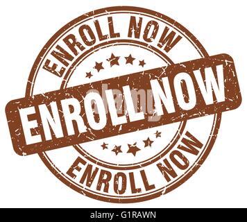 enroll now brown grunge round vintage rubber stamp Stock Vector