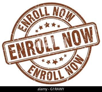 enroll now brown grunge round vintage rubber stamp Stock Vector