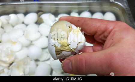 Rotten egg on a chefs hand, in front of more eggs Stock Photo