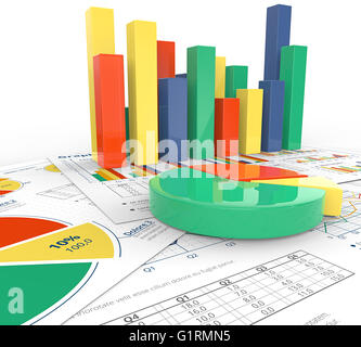 Financial documents with colorful 3D graphs and pie charts of glass ...