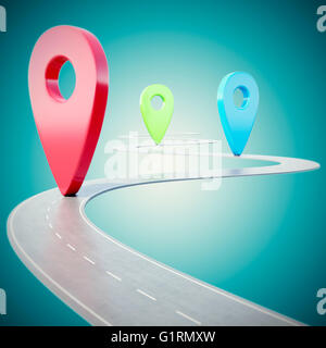 Road path going forward on blue background with colorful pin pointer. 3d illustration Stock Photo