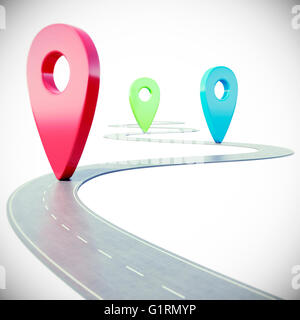 Road path going forward on white background with colorful pin pointer. 3d illustration Stock Photo