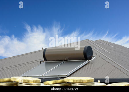 solar panels on roof with coins in the foreground Stock Photo