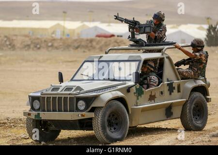 Royal Jordanian Army Quick Reaction Force commandos in the Desert Iris special forces vehicle during Exercise Eager Lion May 18, 2016 near Amman, Jordan. Stock Photo