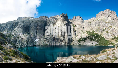 Mountain lake Lac de Capitello surrounded by steep faces, Restonica high valley, Corte, Haute-Corse, Corsica, France Stock Photo