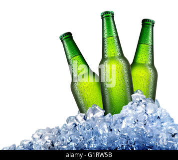 Green bottles of beer in ice isolated on white Stock Photo