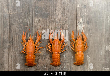 Three red crayfishes in a row on old wooden table Stock Photo