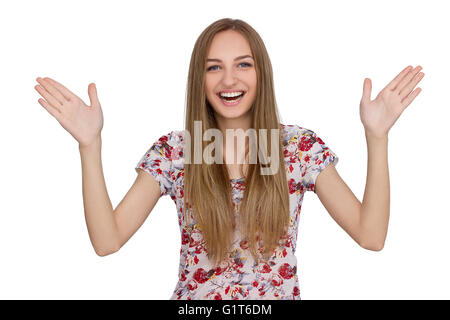 Happy Young Woman Isolated On White Background Stock Photo