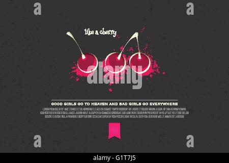 set of colorful cherry icons isolated on black background. vector fresh fruit banner design. cool, delicious natural product bra Stock Vector