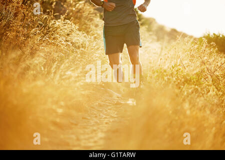 Man running on sunny trail through tall grass Stock Photo