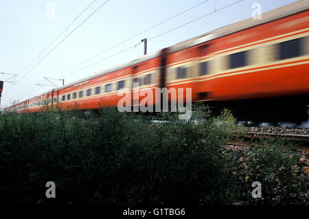 New Delhi-Howrah Rajdhani Express moving at high speed, Indian Railways Express train, India Stock Photo