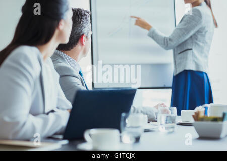 Businesswoman leading meeting at flip chart in conference room Stock Photo