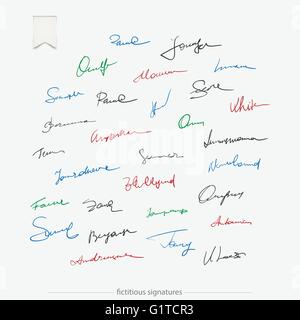 set of colorful, fictitious signatures isolated on white background. vector personal autograph collection. document subscribing Stock Vector