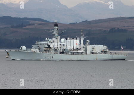 HMS Iron Duke (F234), a Type 23 (or Duke-class) frigate of the Royal Navy, departs for Exercise Joint Warrior 16-1. Stock Photo