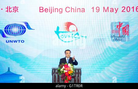 Beijing, China. 19th May, 2016. Chinese Premier Li Keqiang delivers a speech at the opening ceremony of the First World Conference on Tourism for Development in Beijing, capital of China, May 19, 2016. © Wang Ye/Xinhua/Alamy Live News Stock Photo