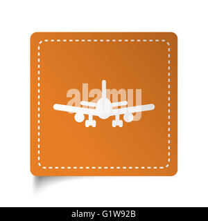 White flat Airplane icon on orange sticker Stock Photo