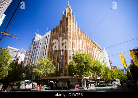 Melbourne, Australia - March 22, 2016: Melbourne's famous Manchester Unity building at the corner of Collins St and Swanston St. Stock Photo