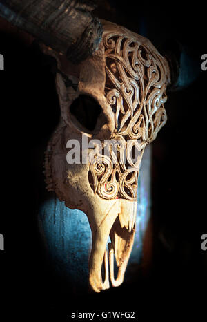 Intricately carved cattle skull, cow skull Stock Photo