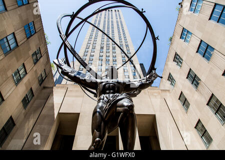 NEW YORK, USA - APRIL 21, 2016: Sculpture of Atlas in NYC. The sculpture depicts the Ancient Greek Titan Atlas holding the heave Stock Photo