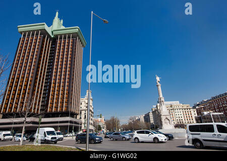 MADRID, SPAIN - MARCH 16, 2016: Plaza de Colon in Madrid. Torres de Colon is a high office building of twin towers at the Plaza Stock Photo