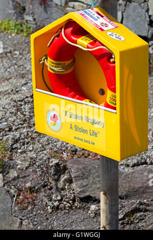 Warning to the general public: A Stolen Ringbuoy- A Stolen Life, Glengarriff, Bantry Bay, County Cork, Ireland. Stock Photo