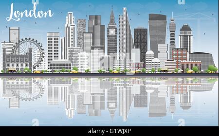 London Skyline with Gray Buildings, Blue Sky and Reflections. Business Travel and Tourism Concept with Modern Buildings. Stock Vector