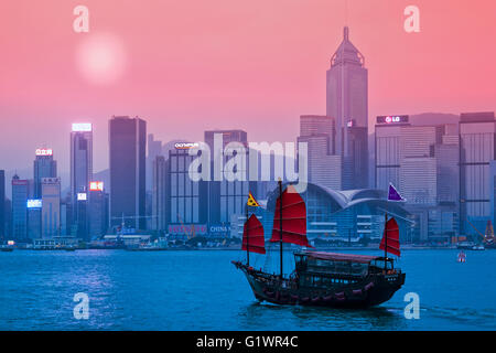 Junk Ship in Victoria Harbor in Hong Kong Stock Photo